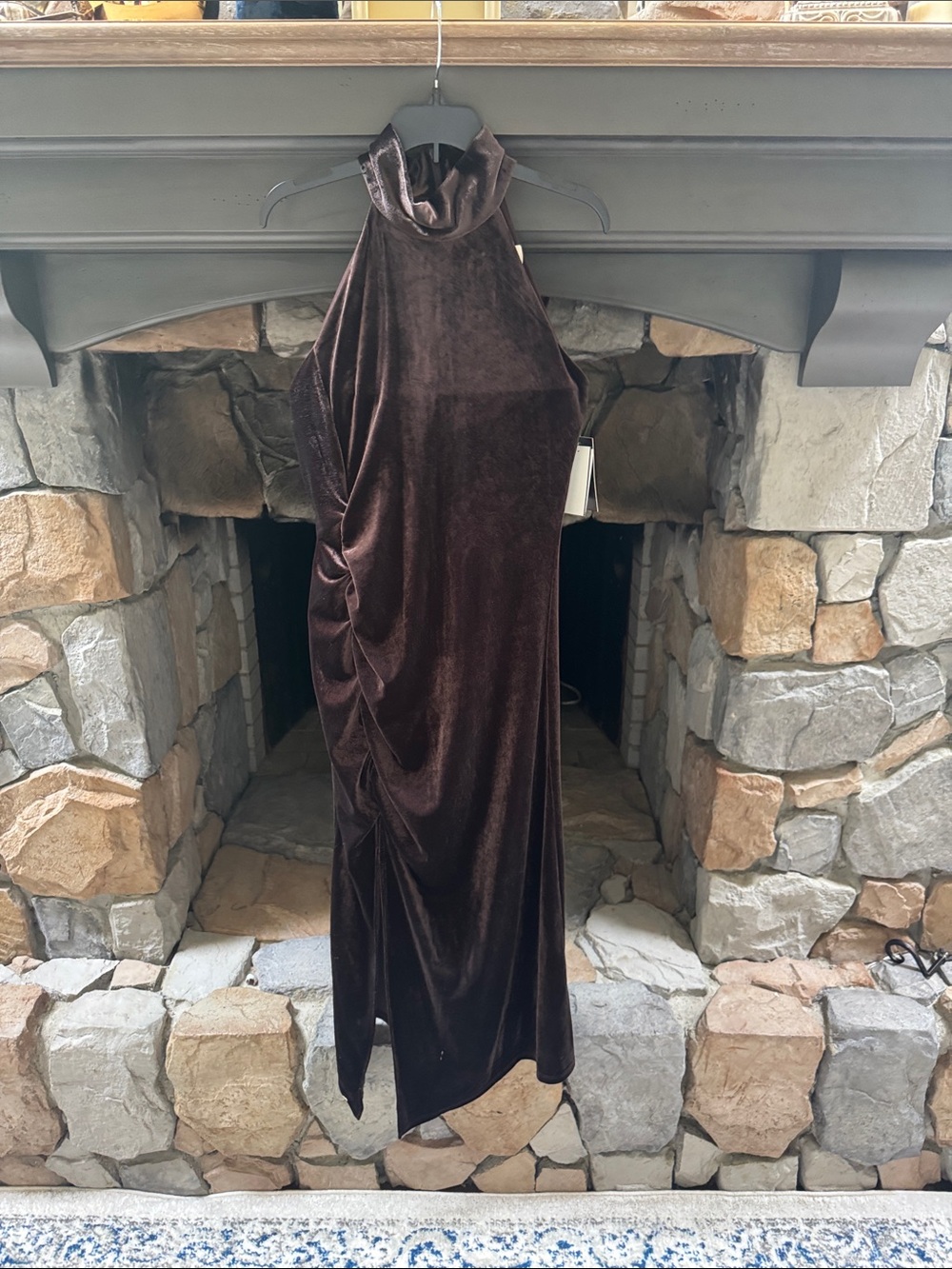 Taylor Velvet High-Neck Slip Dress — Dark Brown